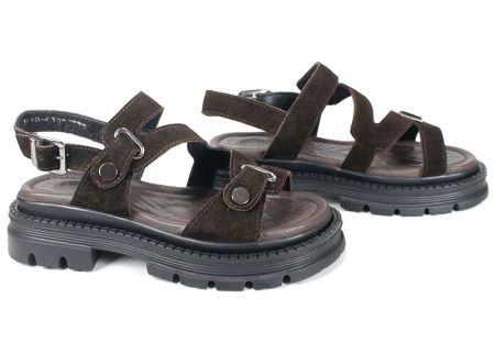 Sandale damă Terra Rise din velur natural maro închis cu branț anatomic și platformă cu talpă aderentă