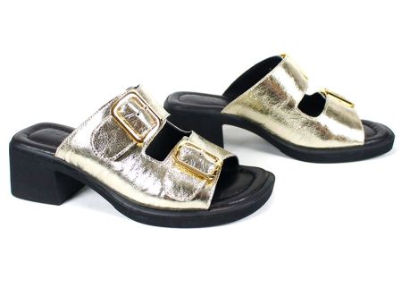 Papuci de damă din piele naturală Brilla Doppia, culoare auriu, cu toc mediu