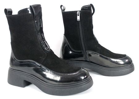 ghete de damă Velura Nera din piele naturală velur și lac negru, cu elastic frontal și fermoar lateral