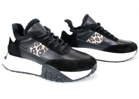 Pantofi sport damă Fiera Nero – piele naturală, iarnă, detaliu leopard