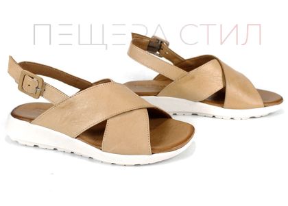 Sandale damă din piele naturală Silva Chiara – culoare cappuccino, cu talpă joasă albă și curea reglabilă