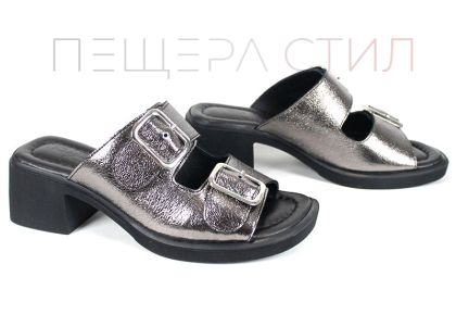 Saboți damă Brilla Doppia din piele naturală culoare platină cu toc