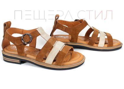 sandale damă Sole Bruna din piele întoarsă bej și maro cu talpă ușoară