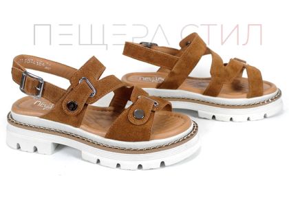 sandale damă Terra Rise din piele întoarsă scorțișoară cu talpă albă