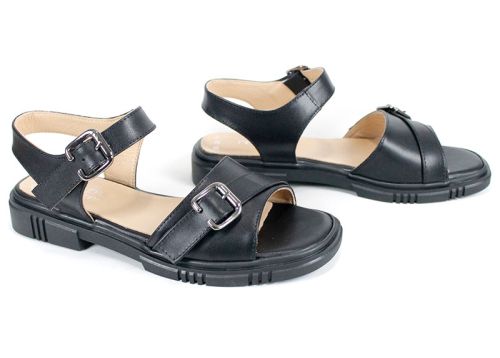 Dalia Bella – Sandale de damă negre din piele naturală, cu dublă cataramă și talpă joasă confortabilă