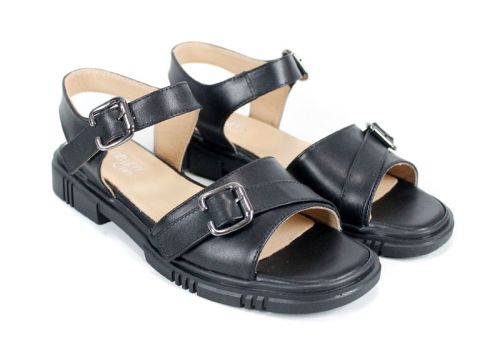 Dalia Bella – Sandale de damă negre din piele naturală, cu dublă cataramă și talpă joasă confortabilă