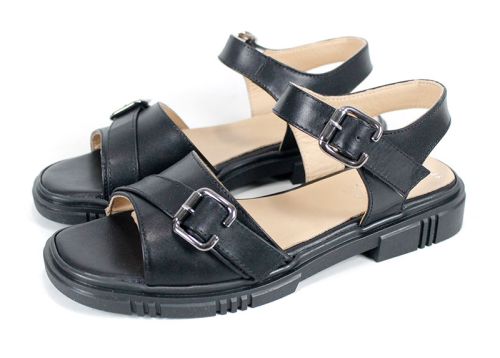 Dalia Bella – Sandale de damă negre din piele naturală, cu dublă cataramă și talpă joasă confortabilă