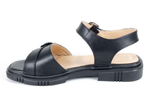 Dalia Bella – Sandale de damă negre din piele naturală, cu dublă cataramă și talpă joasă confortabilă