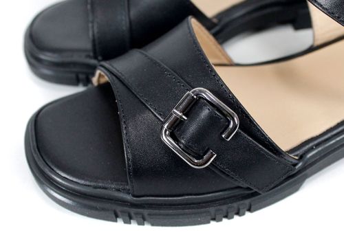 Dalia Bella – Sandale de damă negre din piele naturală, cu dublă cataramă și talpă joasă confortabilă