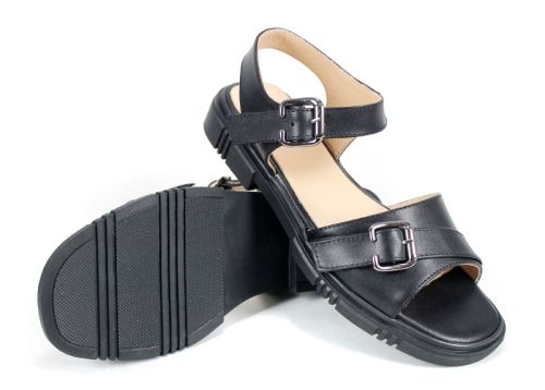 Dalia Bella – Sandale de damă negre din piele naturală, cu dublă cataramă și talpă joasă confortabilă