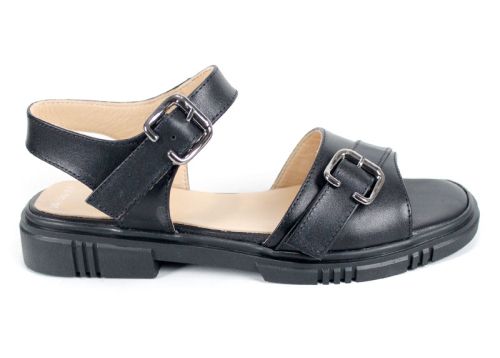 Dalia Bella – Sandale de damă negre din piele naturală, cu dublă cataramă și talpă joasă confortabilă