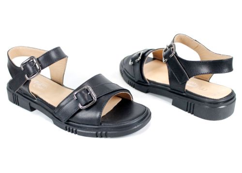 Dalia Bella – Sandale de damă negre din piele naturală, cu dublă cataramă și talpă joasă confortabilă