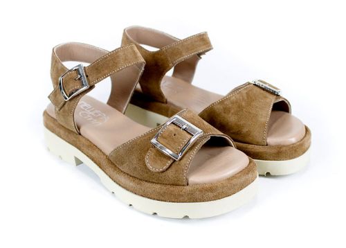 Sandale de damă Terra Vibe din piele întoarsă naturală în culoarea scorțișoarei, cu platformă bej și catarame metalice