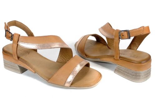 sandale damă Solena Flow piele naturală moka auriu toc jos