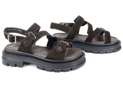 Sandale damă Terra Rise din velur natural maro închis cu branț anatomic și platformă cu talpă aderentă