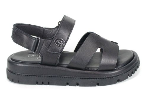 Sandale damă Velvet Echo din piele naturală neagră cu talpă groasă și plată