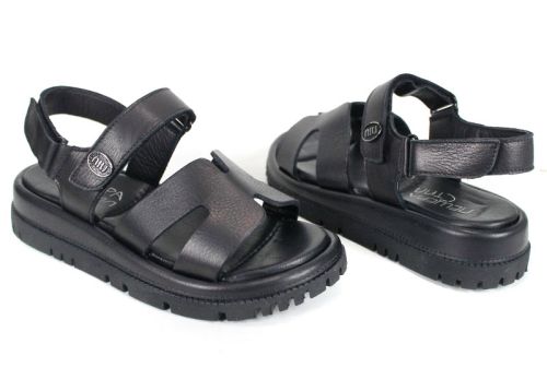 Sandale damă Velvet Echo din piele naturală neagră cu talpă groasă și plată