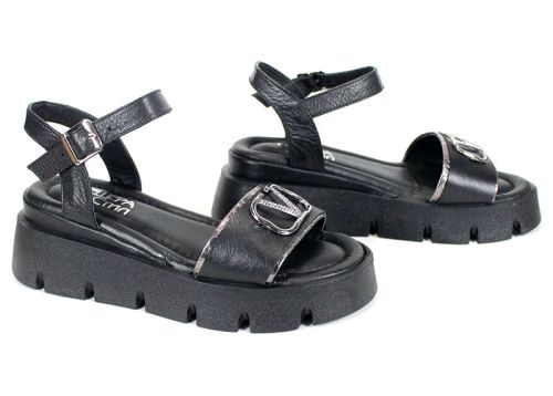 sandale damă Noir Tempo din piele naturală neagră cu detalii platină și platformă medie