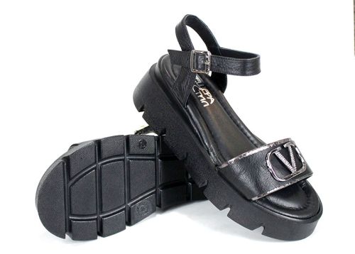 sandale damă Noir Tempo din piele naturală neagră cu detalii platină și platformă medie