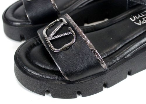 sandale damă Noir Tempo din piele naturală neagră cu detalii platină și platformă medie