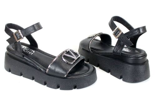 sandale damă Noir Tempo din piele naturală neagră cu detalii platină și platformă medie