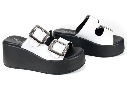 papuci damă Caffè Leggero din piele naturală albă cu platformă