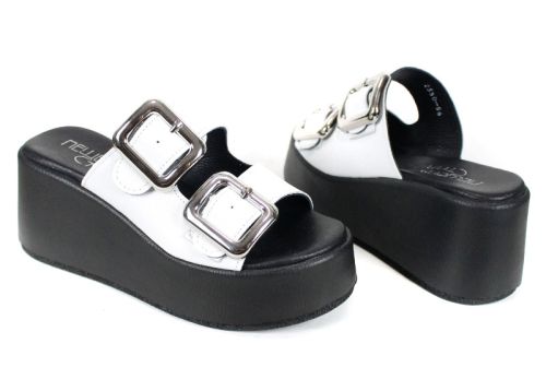 papuci damă Caffè Leggero din piele naturală albă cu platformă