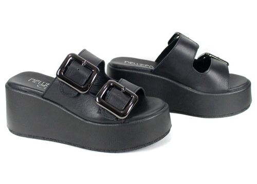 Papuci de damă din piele naturală pe platformă, culoare neagră – model Caffè Leggero