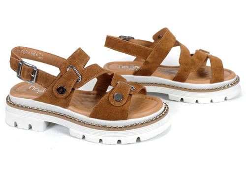 sandale damă Terra Rise din piele întoarsă scorțișoară cu talpă albă