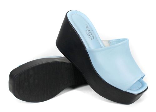 Saboți de damă Magia Notturna din piele naturală bleu cu platformă înaltă neagră