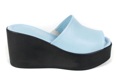 Saboți de damă Magia Notturna din piele naturală bleu cu platformă înaltă neagră