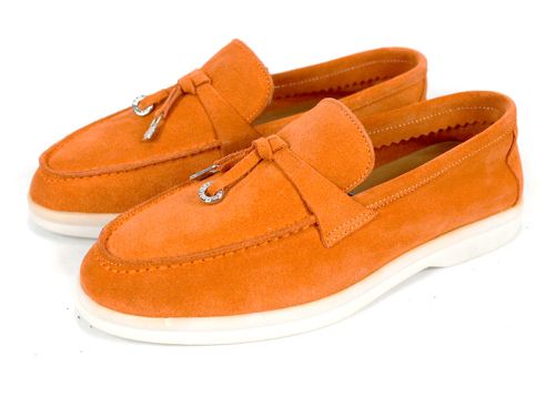 Mocasini damă Mistica din piele întoarsă portocalie cu talpă albă