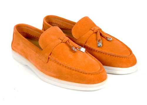 Mocasini damă Mistica din piele întoarsă portocalie cu talpă albă