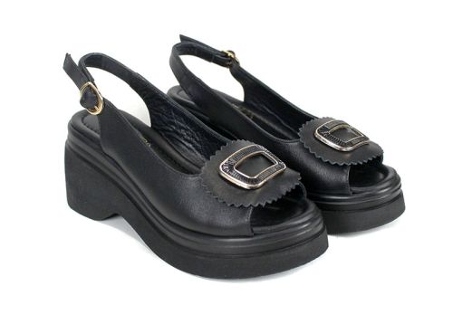 Sandale damă Velura Alto din piele naturală neagră cu platformă și accesoriu decorativ