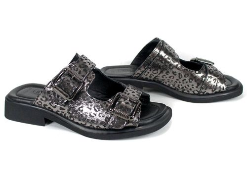 Papuci damă Silver Wild din piele naturală, leopard argintiu, curele reglabile.