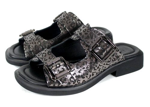 Papuci damă Silver Wild din piele naturală, leopard argintiu, curele reglabile.