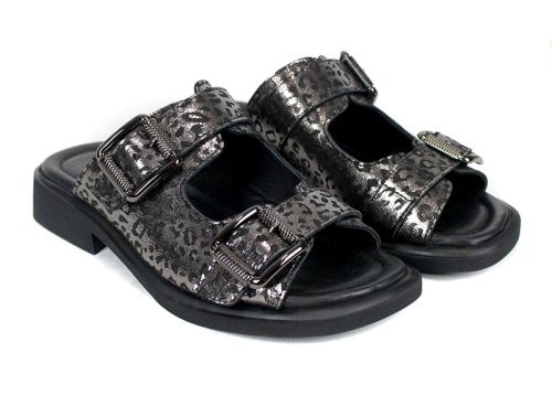 Papuci damă Silver Wild din piele naturală, leopard argintiu, curele reglabile.