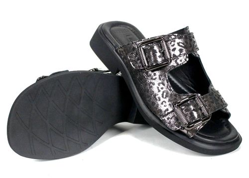 Papuci damă Silver Wild din piele naturală, leopard argintiu, curele reglabile.