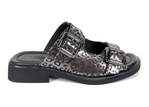 Papuci damă Silver Wild din piele naturală, leopard argintiu, curele reglabile.