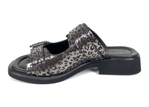 Papuci damă Silver Wild din piele naturală, leopard argintiu, curele reglabile.