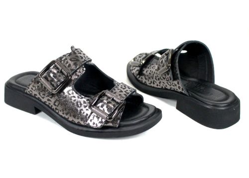 Papuci damă Silver Wild din piele naturală, leopard argintiu, curele reglabile.