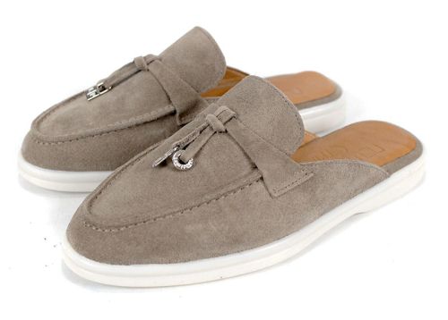 Mocasini de damă Duna Beige din velur cu spate deschis