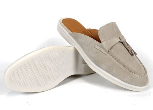 Papuci de damă Duna Beige din velur cu ciucure și talpă albă