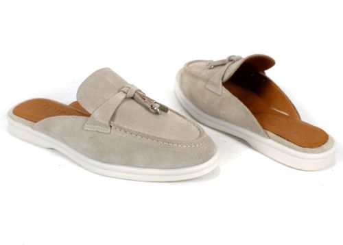 Papuci de damă Duna Beige din velur cu ciucure și talpă albă