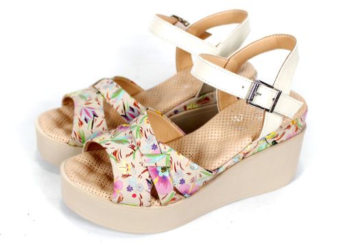 Flora Bellezza sandale damă imprimeu floral bej piele naturală