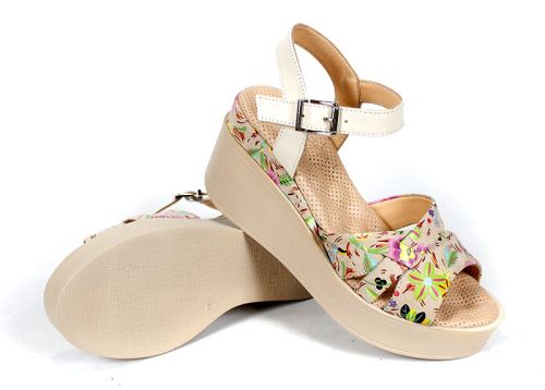 Flora Bellezza sandale damă imprimeu floral bej piele naturală