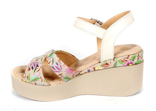 Flora Bellezza sandale damă imprimeu floral bej piele naturală