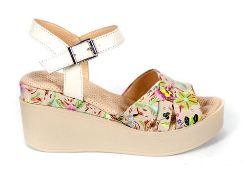 Flora Bellezza sandale damă imprimeu floral bej piele naturală