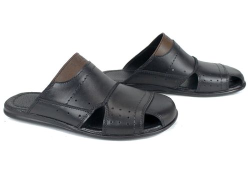 Papuci bărbați din piele naturală cu vârf semi-închis negru