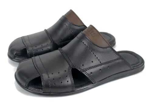 Papuci bărbați din piele naturală cu vârf semi-închis negru